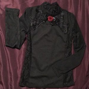 Gothic Black Long Sleeve Top with Red Rose